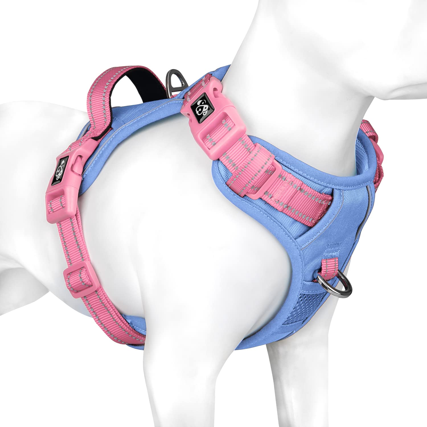 PHOEPETNo Pull Dog Harness, Unique Colors Reflective Adjustable Dog Vest, with Soft Training Handle Metal Clips for Small Medium Large Dogs (Baby Blue Base & Pink Straps,L)