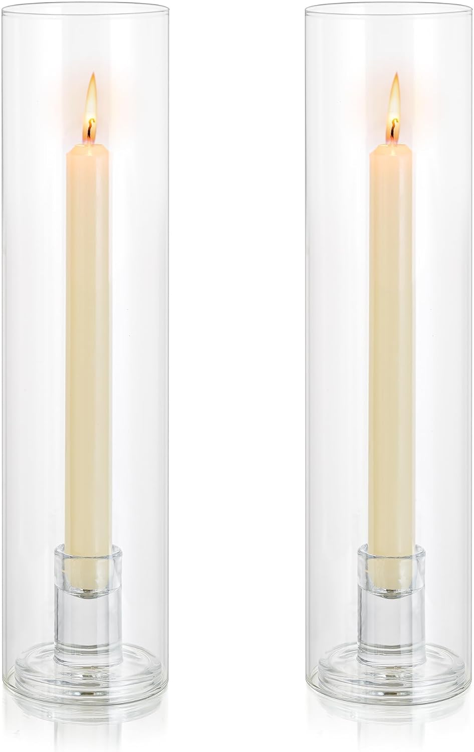 Inweder Glass Hurricane Candle Holder: 11.8" Tall Candlestick Holder with Cylinder Windproof Cover Clear Taper Candle Holders for Wedding Party Birthday Christmas Home Decor Set of 2