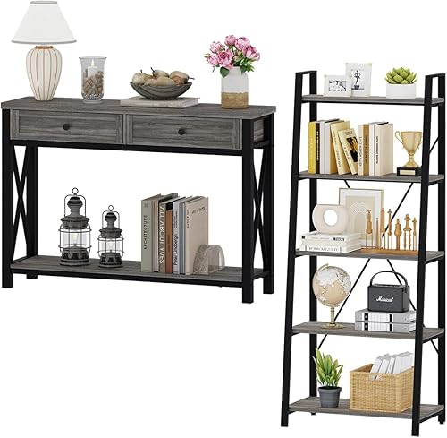 BON AUGURE Mesa de sofá gris oscuro con cajones y estante de escalera de 5 niveles, muebles de almacenamiento que ahorran espacio para sala de