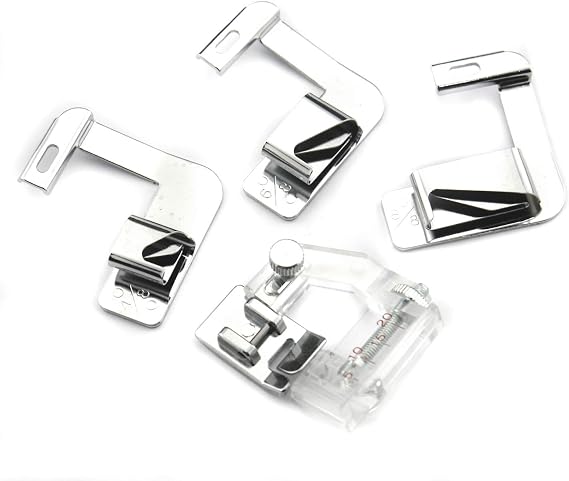 4 Pcs 06D3D0005 5mm Adjustable Tape Binding Presser Foot and 1 inch 1/2 inch 3/4 inch Rolled Hem Foot for All Low Shank Snap On Singer,Brother,Babyloc,Janome(New Home) Sewing Machine 6290 Set