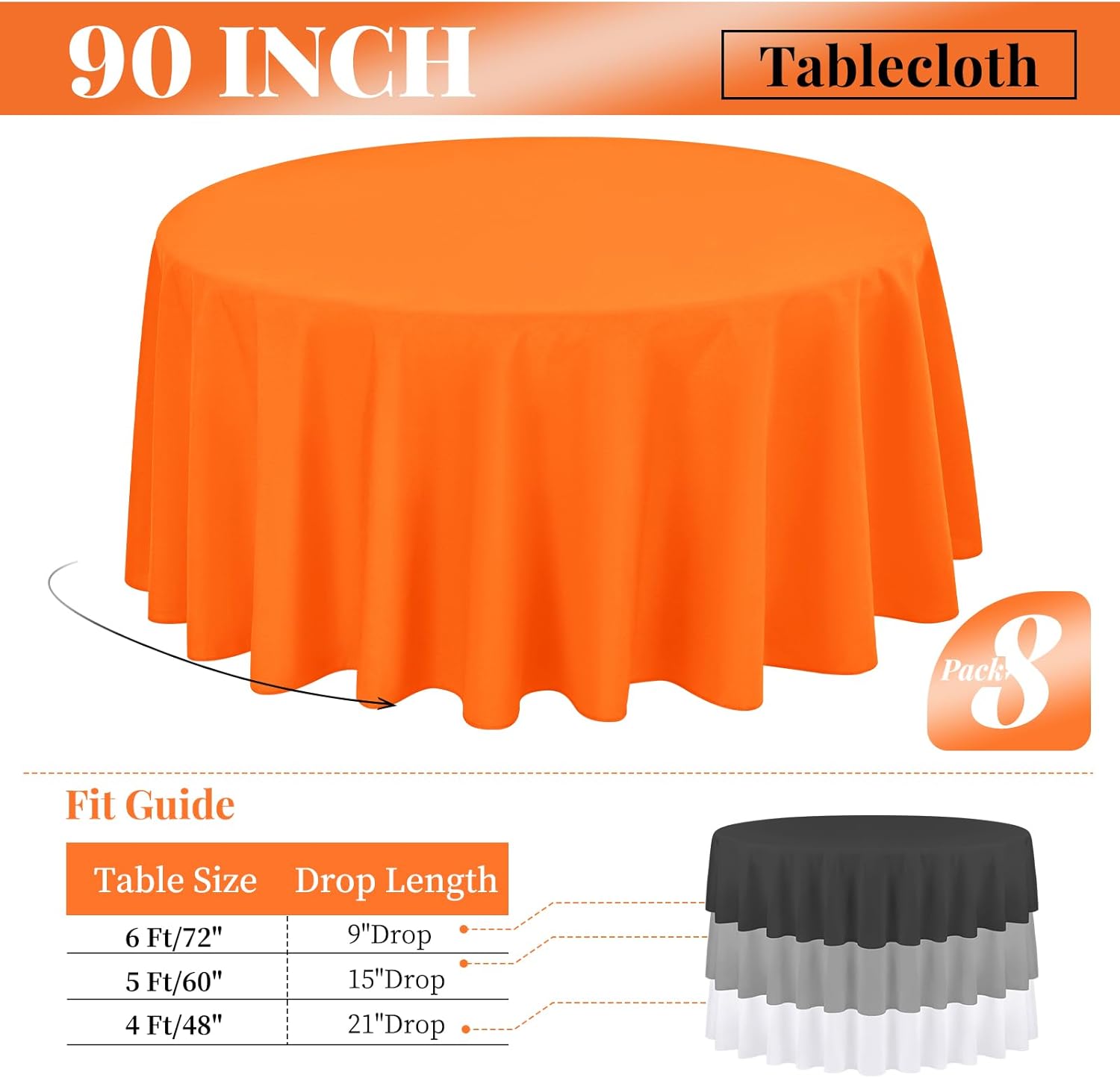 8 Packs Orange Round Tablecloth - 90 Inch, Premium Polyester Table Cloth for Round Tables, Washable Fabric Table Covers for Wedding, Party, Banquet, Dining Tables and Camping