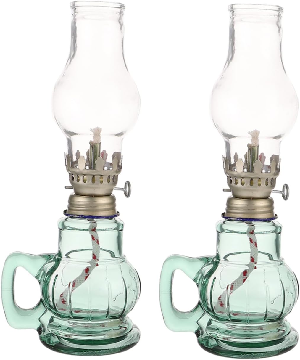 VOSAREA 2pcs Vintage Glass Kerosene Lamps for Home Decoration Wick Windproof Design for Indoor Outdoor Use Emergency Lighting