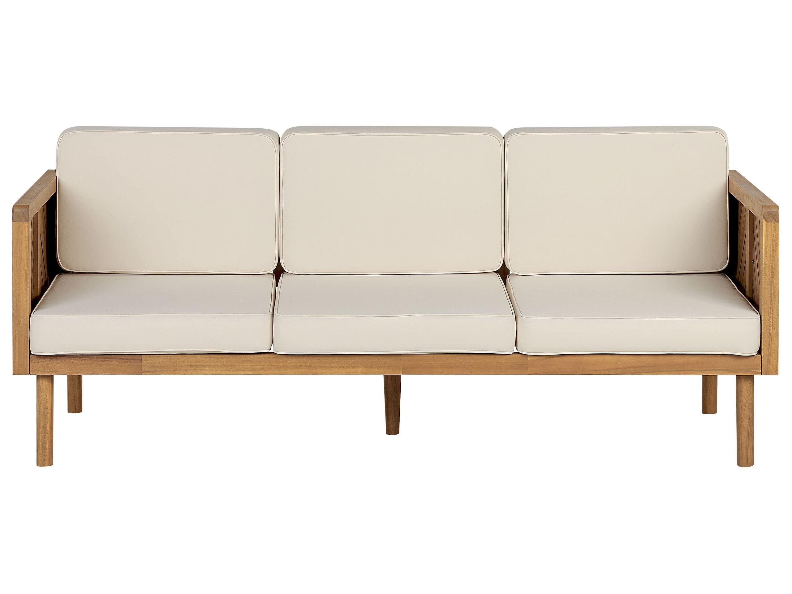 Beliani Canapé de Jardin Beige Clair en Bois d'Acacia 3 Places avec Coussin Taie Déhoussable Baratti