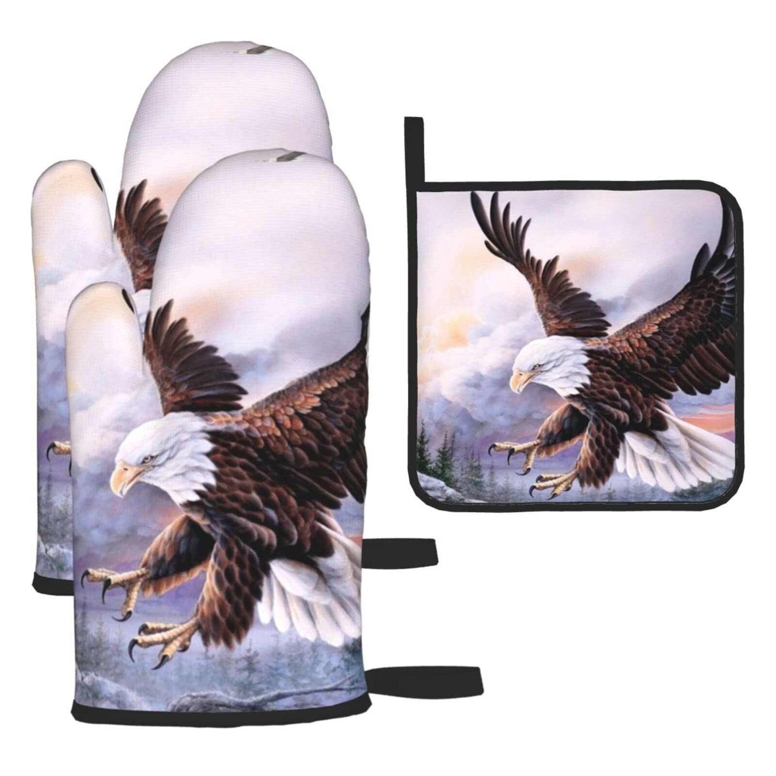 Bald Eagle Printed Kitchen Baking Three-Piece Heat-Resistant Thick Cotton Oven Gloves for Cooking and Baking.