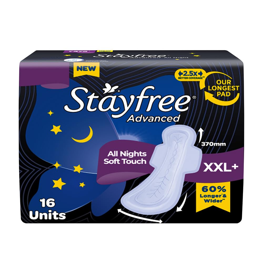 Stayfree Advanced XXL+ | 16 Pads | All Night Ultra Comfort Sanitary Pads for Women | Odour Control | Absorbs 2x more with Wider Back | Helps Prevent Rashes | Ultra Thin Pads | Stayfree Advanced XXL+ | 16 Pads | All Night Ultra Comfort Sanitary Pads for Women | Odour Control | Absorbs 2x more with Wider Back | Helps Prevent Rashes | Ultra Thin Pads |