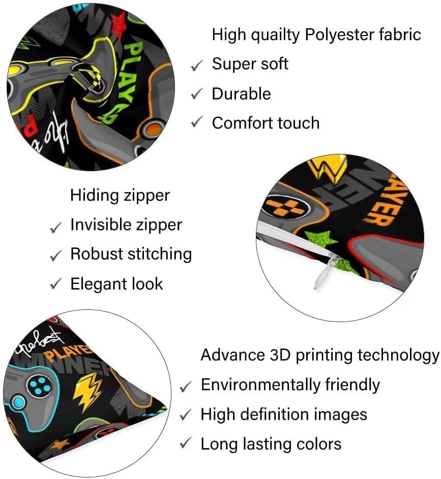 Miniatura 6 de NANILALA Juego de 2 fundas de almohada con control de videojuegos, tamaño Queen, funda de almohada lumbar con patrón de videojuegos para niños,