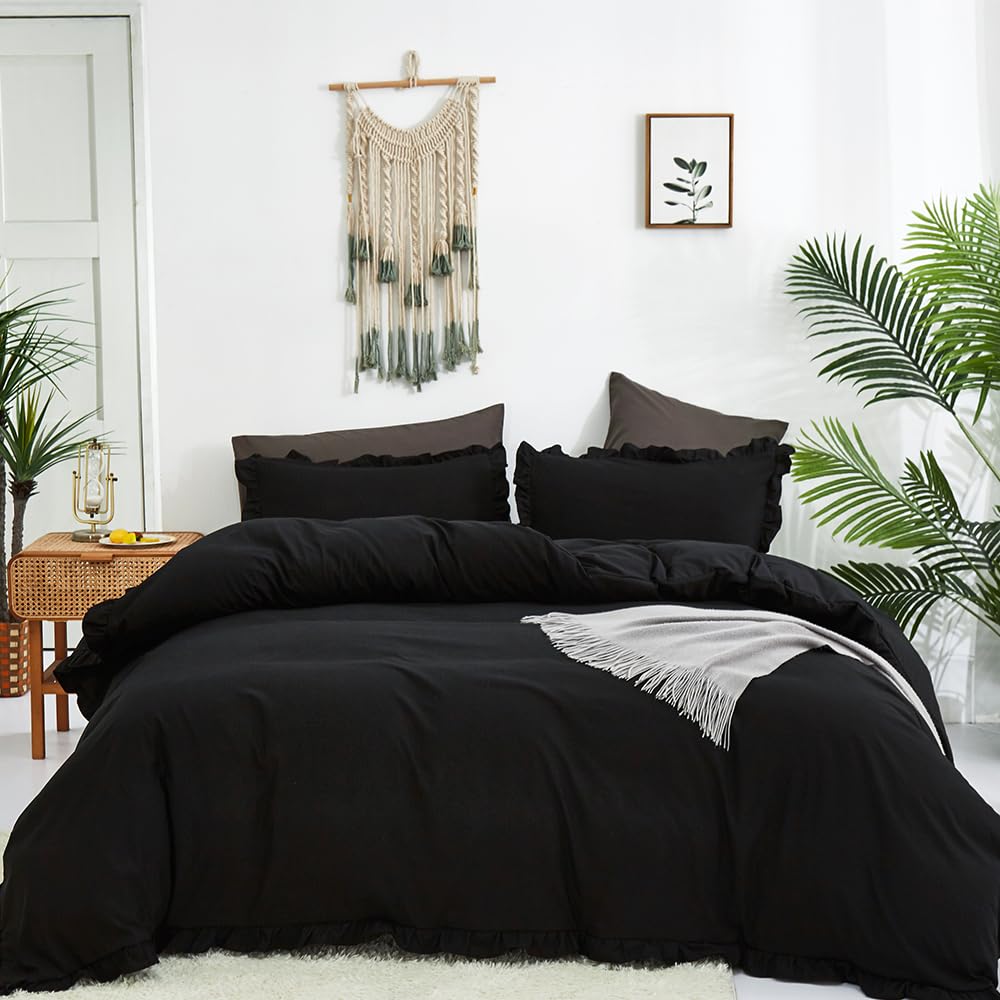 CLOTHKNOW Black Ruffle King Size Comforter Set Bedding Comforter Sets Soft Shabby Chic Farmhouse Comforter with 2 x Pillowcases