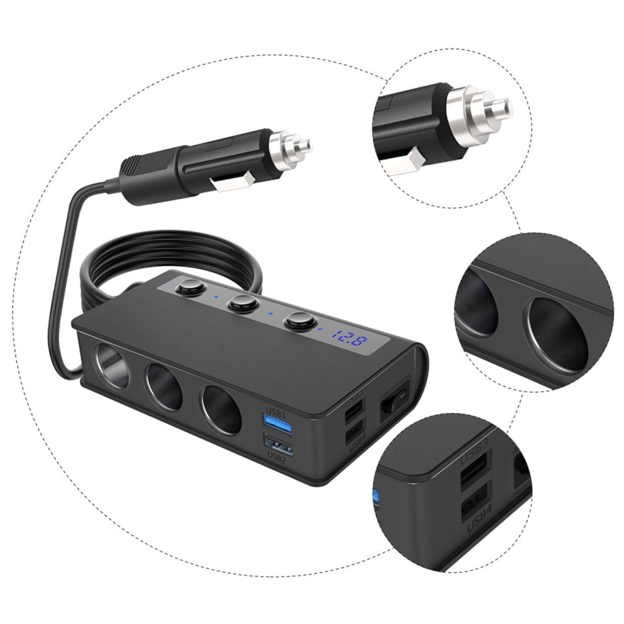 SHINEOFI Cargador de Coche con USB y Salidas de Adaptador Divisor de Carga Compatible Mayoría de Vehículos con Interruptor Independiente para