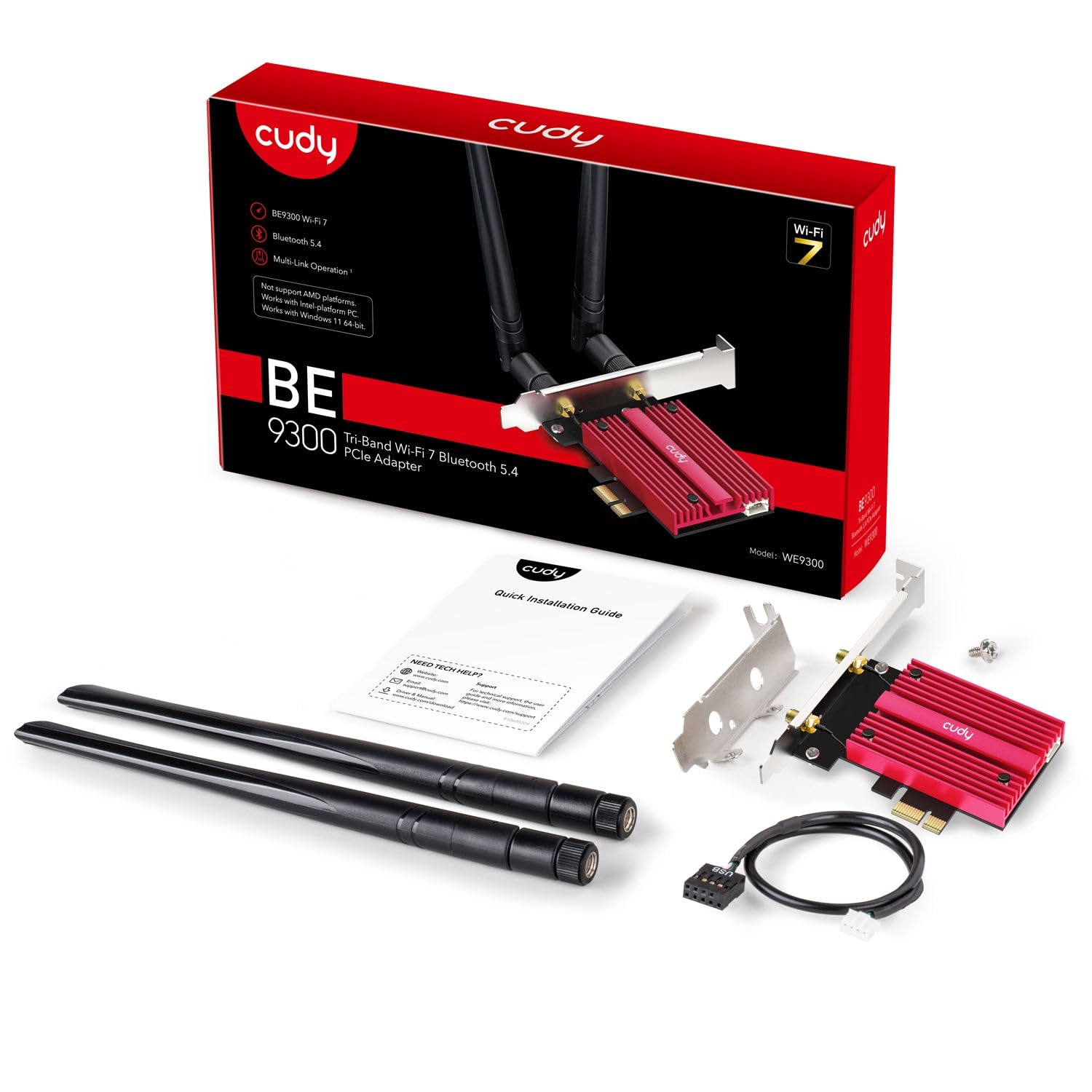 Cudy Tarjeta WiFi 7 BE9300 PCIe WiFi para PC, Adaptador Inalámbrico de Tres Bandas de 6 GHz, Chipset Intel BE200, Bluetooth 5.4, WPA3, No Aplicable a Plataformas AMD