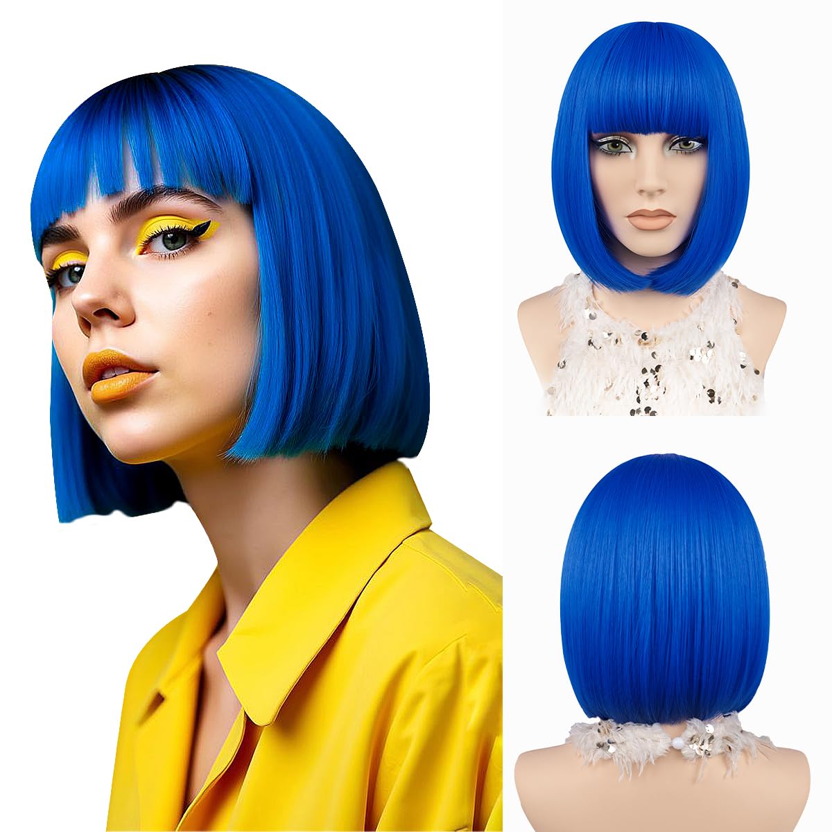 Blue Short Bob Wig 12" Coloured Bob Wig with Bangs Heat Resistant Synthetic Fiber Straight Blonde Hair for Women Cosplay Party Christmas Halloween Daily Use (Royal Blue)