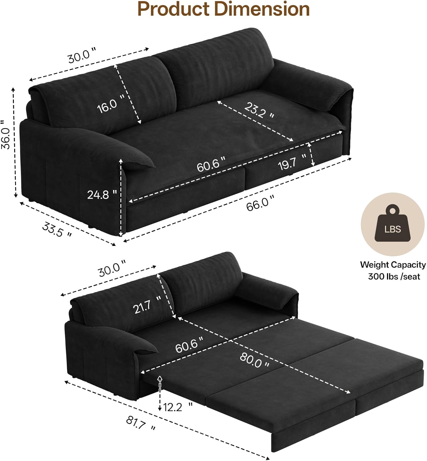 66" Queen Pull Out Couch Bed,Velvet 3-in-1 Queen-Size Sleeper Sofa,Convertible Pull-Out Sofa Bed with Side Pockets,Sleeper Loveseat for Living Room,Apartment, Offices (Black)