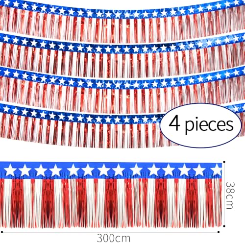 Image of 4th of July Decorations 4 Pack 40Ft Tinsel Foil Fringe Garland Streamers Hanging Red White Blue Fringe Backdrop Banner for Parade Floats Decor 4th of July America Patriotic Day Memorial Day