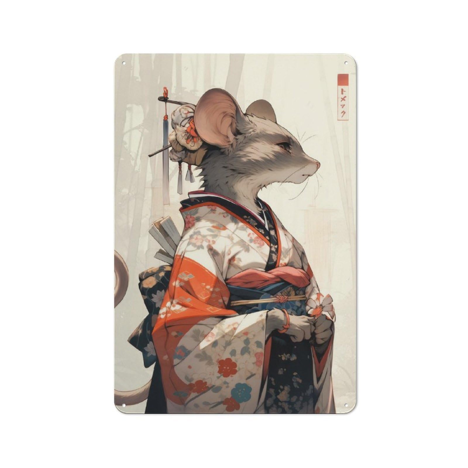 Junmoney Edo Geisha Mouse Decorative Metal Plaque, Easy To Hang Plaque For Garden Shed, Covered Patio, Kitchen Or Hallway, 30X20cm