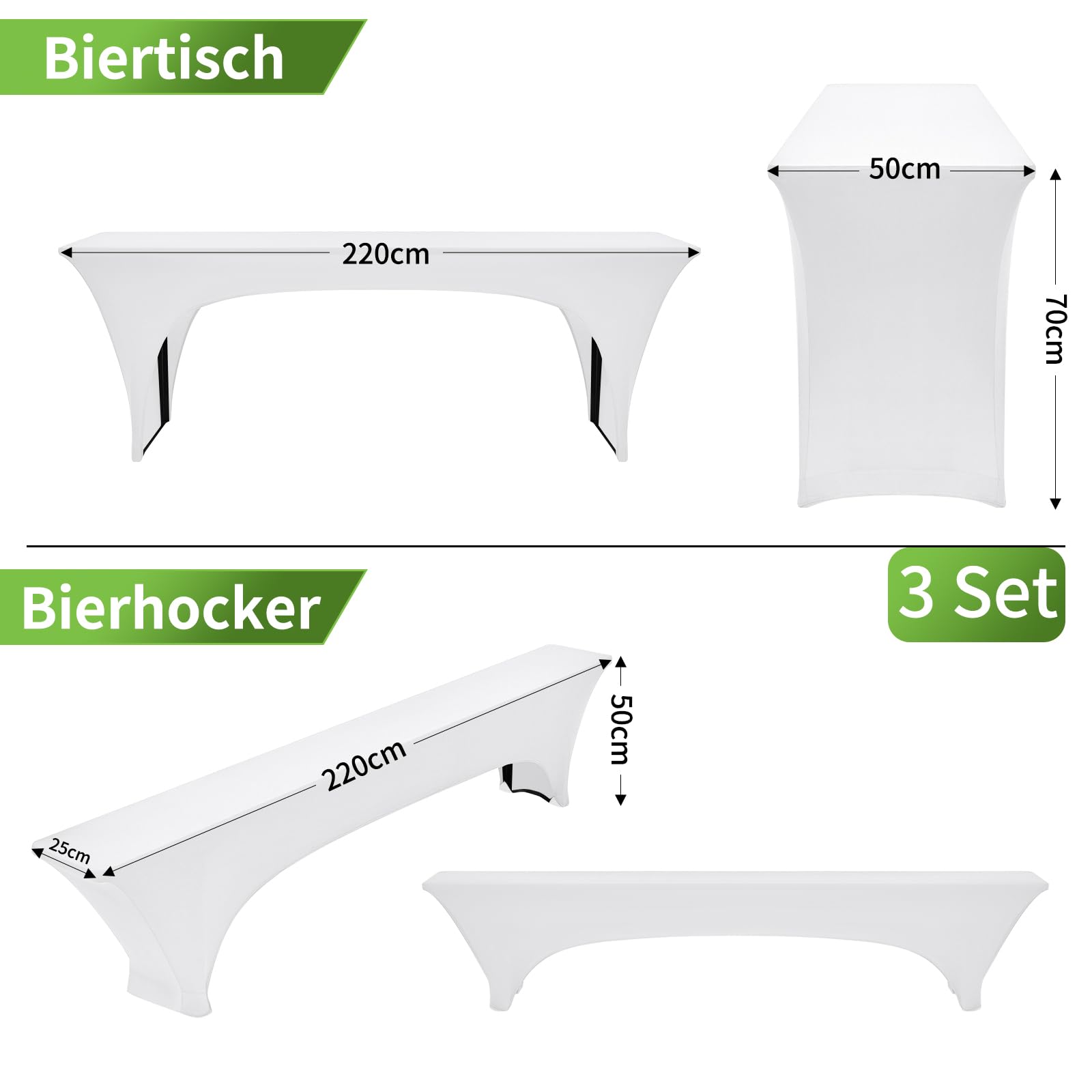 Lot de 3 Housses de Table à bière en élasthanne, Blanc, Extensible, pour Table de 50 cm de Large, Table à bière et Banc, Housse de Tente à bière, pour Banquet en Plein air, 220 x 50 x 70 cm