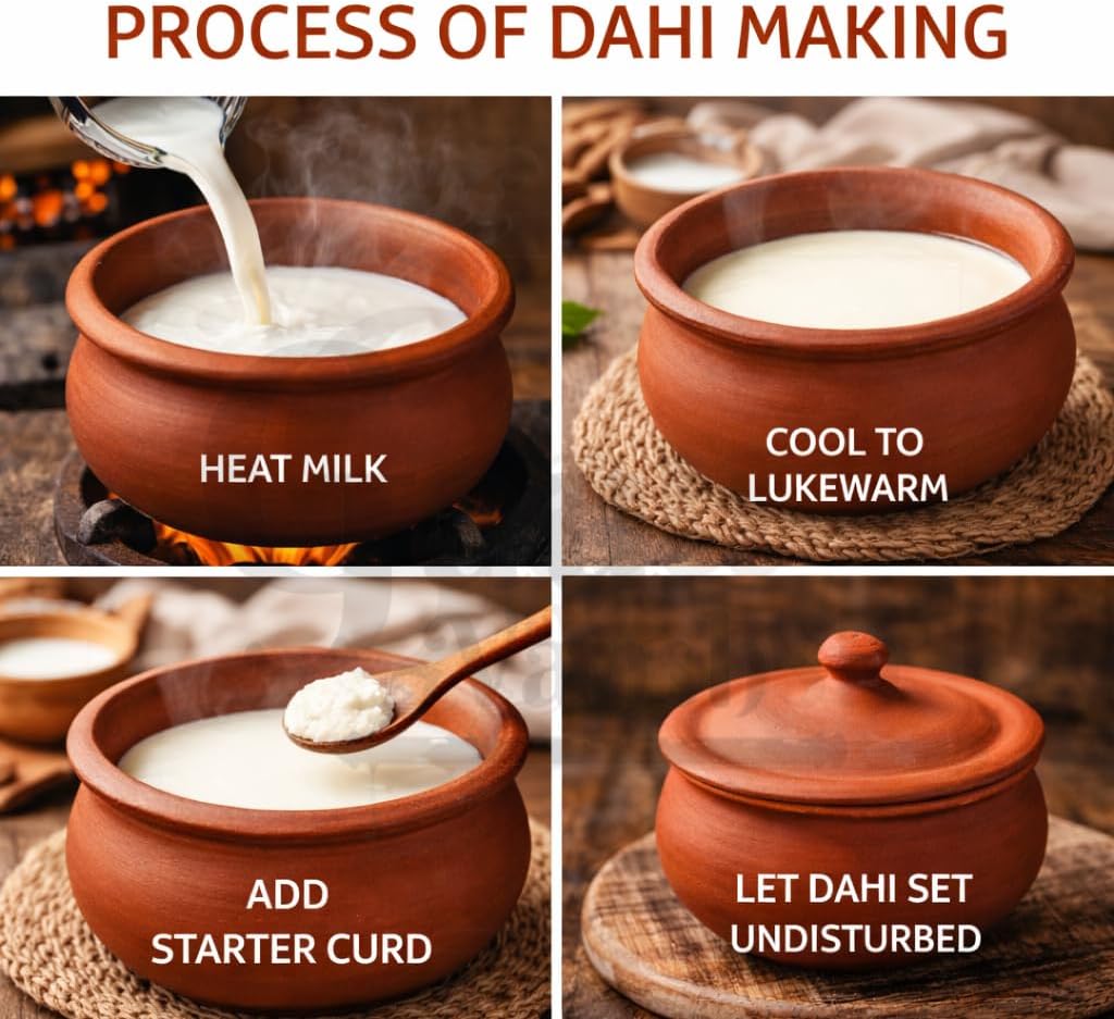 Handmade Clay Curd Pot with Lid 700 ml Approx.– Terracotta Earthen Dahi Pot for Yogurt Setting, Serving & Storage, Traditional Mitti Bowl for Kitchen & Dining