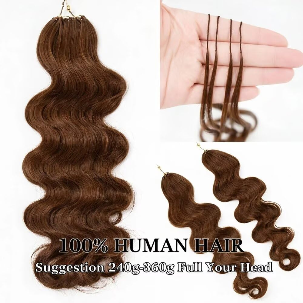 4# Drak Brown Body Wave Crochet Human Hair Pre-Separated Invisble Miracle Knot Braids Feather Crochet Hair Extensions Seamless Pre Looped Chocolate Brown Wavy 60g