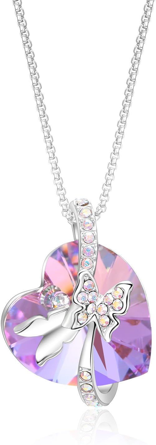 MURREAR Women Heart Crystal Pendant Necklace Butterfly Pendant Mother's Day Gift (Purple)