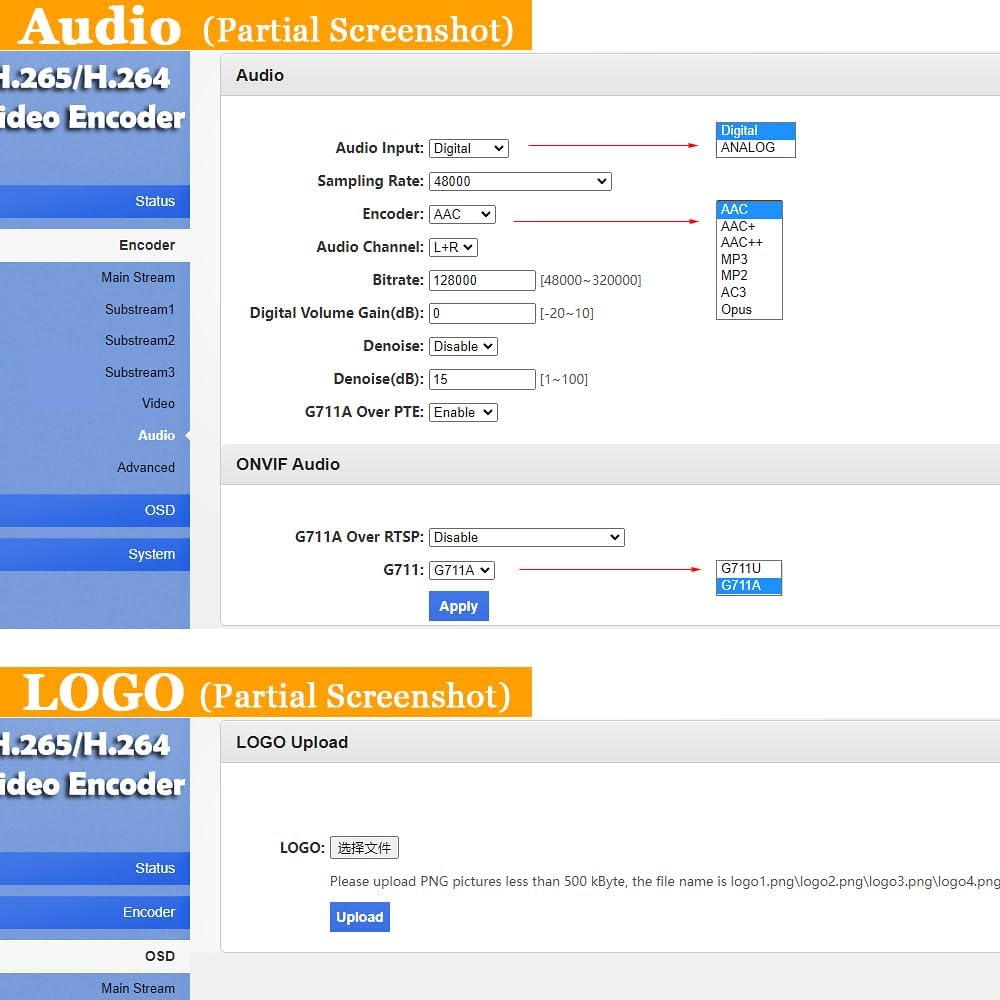 Screenshot of the Audio settings page in the web interface, showing audio input, sampling rate, encoder, bitrate, and volume gain