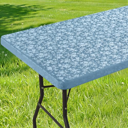 Image of Smiry Heavy Duty Vinyl Fitted Tablecloths for 8 Foot Rectangle Tables | Elastic Waterproof Fitted Tablecloths, Wipeable Washable Table Cover for Kitchen, Dining, Camping (Stone Blue, 30 inch x 96 inch)
