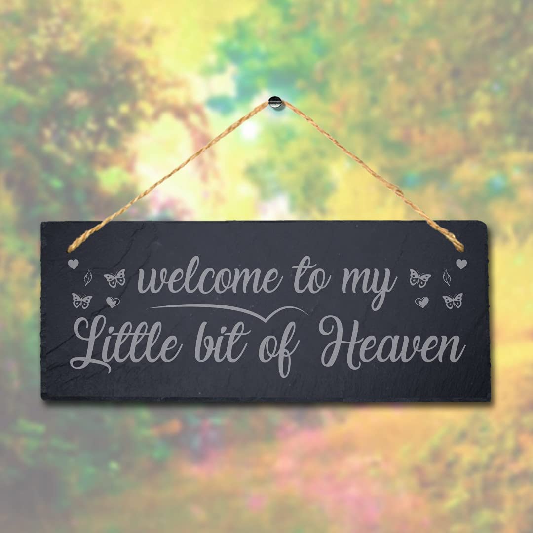 Stukk Welcome to My Little Bit of Heaven Laser Hanging Home Sign, Natural Engraved Slate Stone Plaque, 30x12cm (Large)