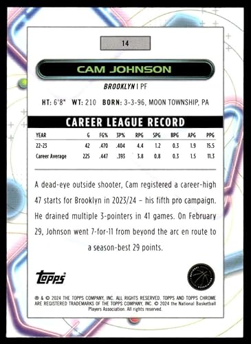 Miniatura 2 de 2023-24 Topps Chrome Cosmic #14 Cam Johnson Brooklyn Nets Basketball Base Trading Card