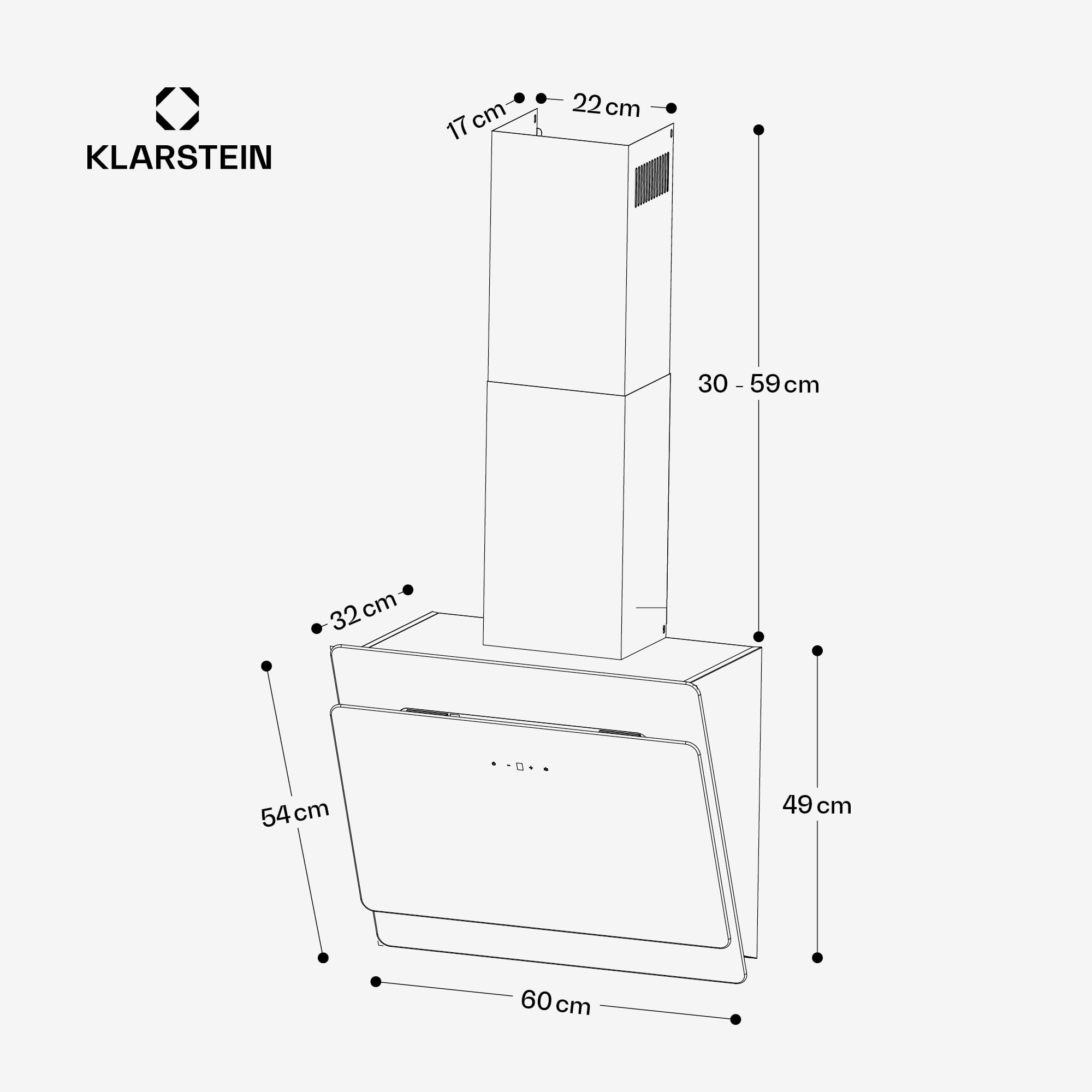 Klarstein Hotte Aspirante 60cm, Hottes de Cuisine Inclinées, Filtre de Hotte en Aluminium, Débit d'Air Puissant 607m³/h, LED, Ecran Tactile, Extracteur d'Air Silencieux, Efficace avec Evacuation