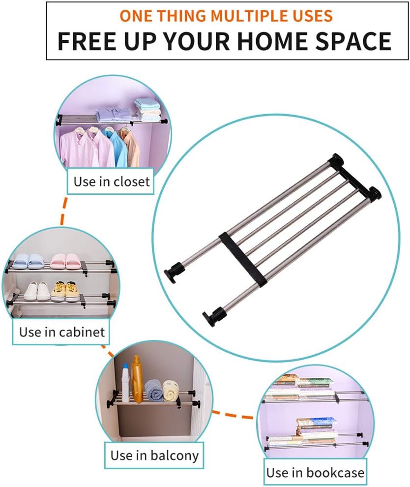 Hershii Adjustable Closet Tension Shelf Expandable Cabinet Hanging Rod Metal Storage Rack Organizer DIY Divider Separator for Wardrobe Cupboard Kitchen Bathroom, Black, 19.69-31.5inches