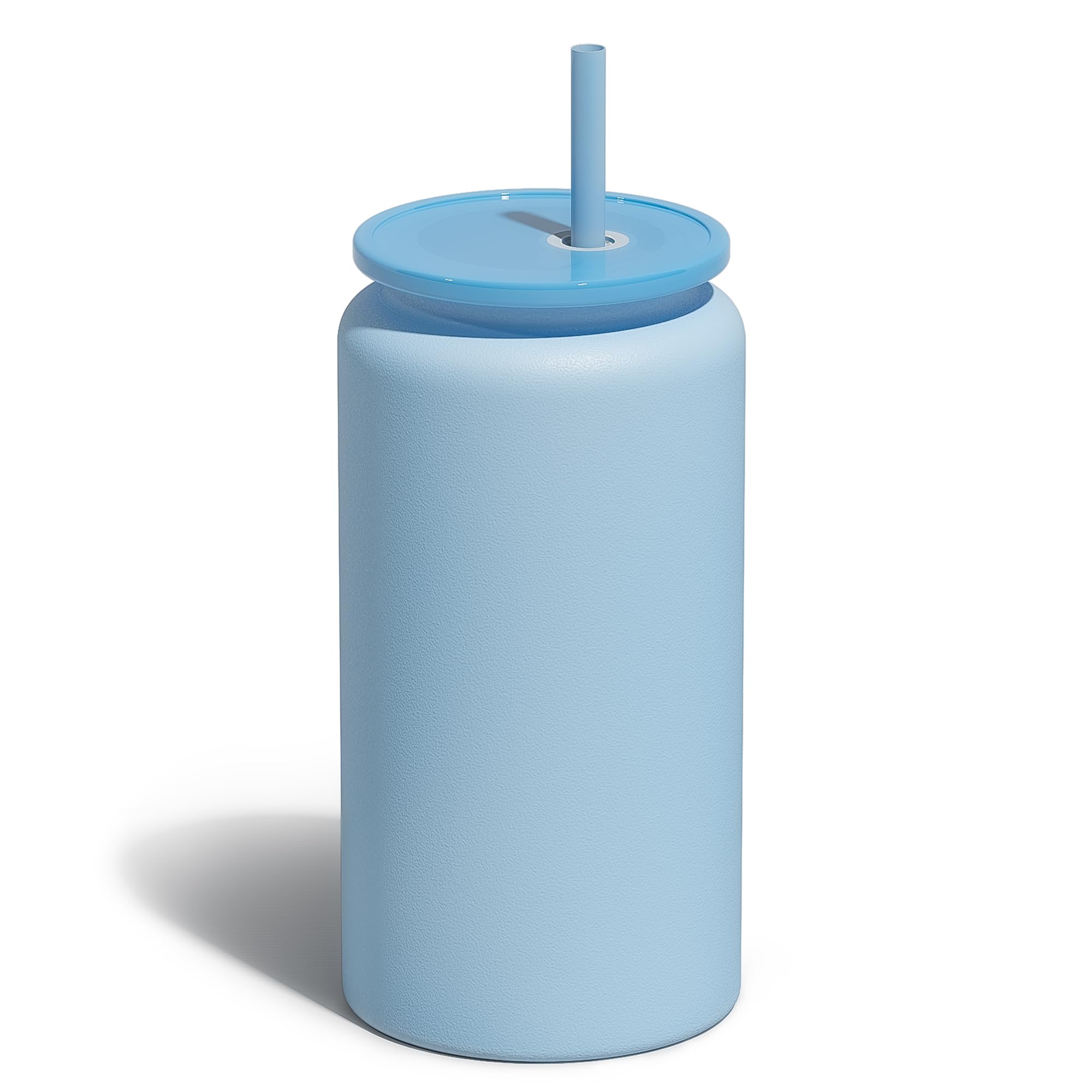 UIRZOTN Glass Cups With Lids and Straws, 16oz Stainless Steel Beer and Iced Coffee Cup, Smoothie Drinking Cup, Light Blue (Textured Matte Finish, Not Sublimatable)