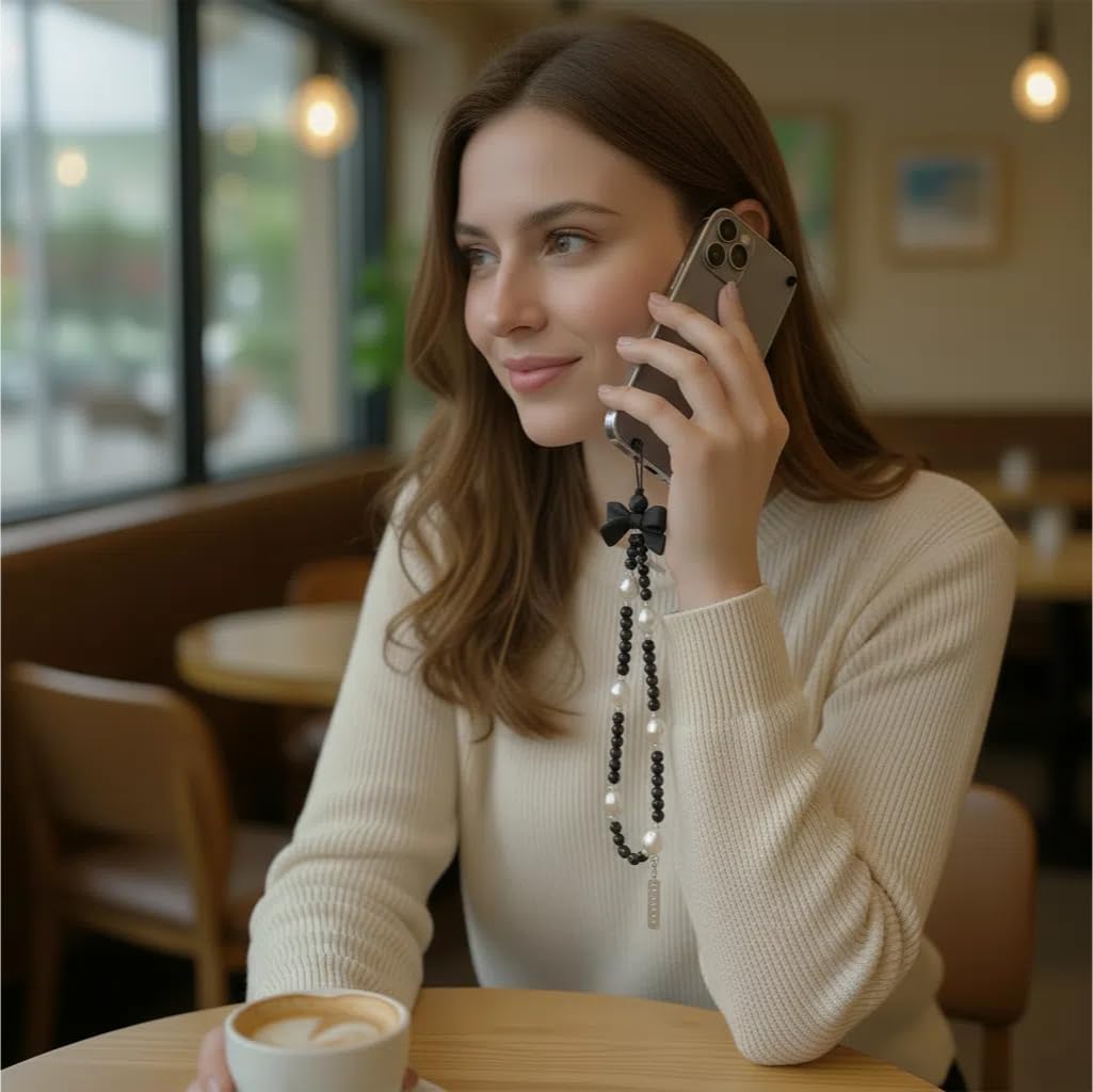 Elegant black bow beaded mobile phone charm -Stylish and lovely mobile wrist strap, cute accessories charm - Perfect for iPhone