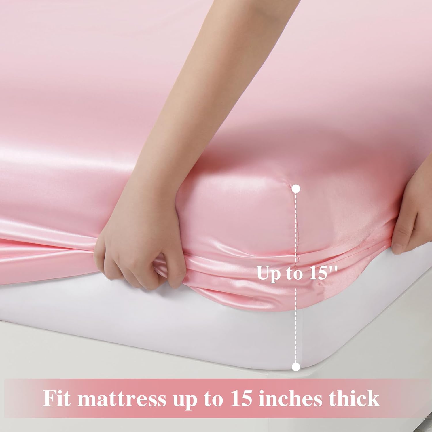 P Pothuiny 3-Piece Set Ruffle Satin Pillowcases & Queen Fitted Sheet, Luxury Blush Pink Satin Fitted Sheet Silky Soft Cute Bedding Bedroom Decor, Wrinkle Free, 15 Inch Deep Pocket