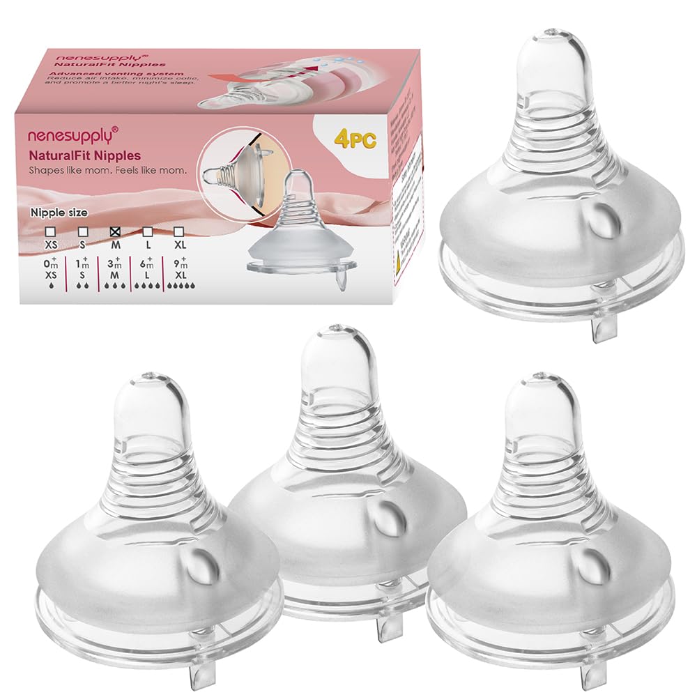 Nenesupply 4pc NaturalFit Baby Bottle Nipples. Level 3 Flow 3 Size M Nipple for 3 Month+ Babies. Medium Flow Wide Neck Nipple Anti Colic Vented Work