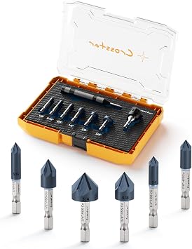 Crosstar Pro Cobalt Countersink Drill Bit Set, Titanium Aluminum Nitride Coated, 1/4" Hex Shank, 6-Piece 1/4" to 3/4" with Center Punch & Quick-Change Adapter for Metal, Stainless Steel