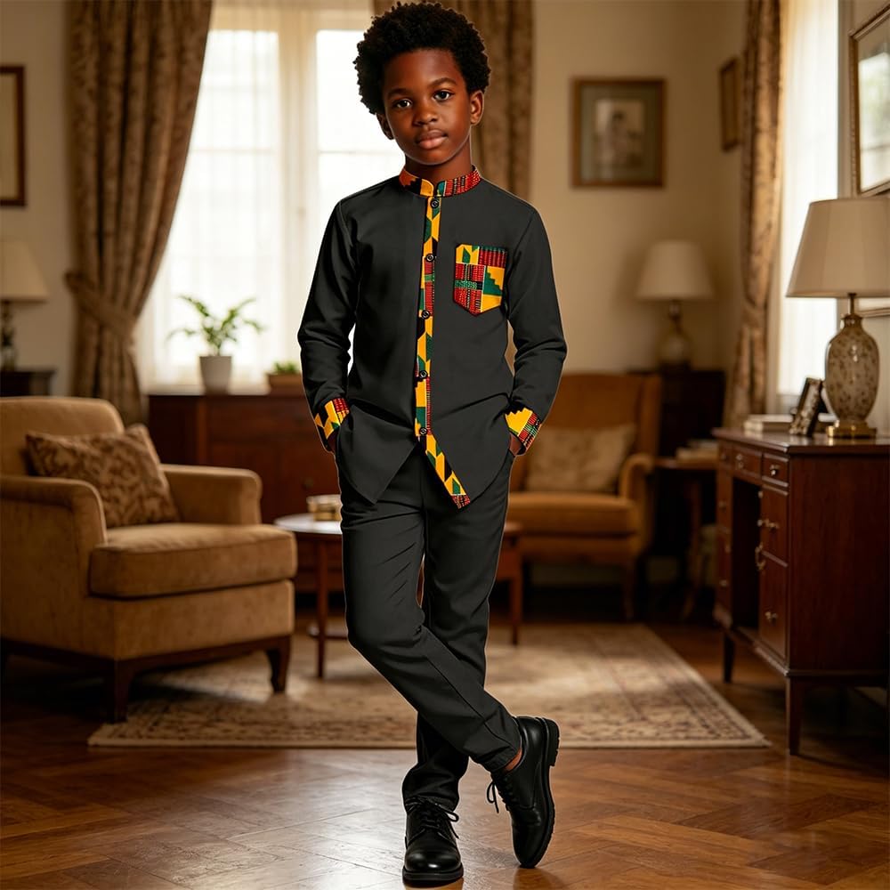 African Suits for Boys 2 Piece Long Sleeve Dashiki Shirt & Pants Set Nigerian Clothes Attire