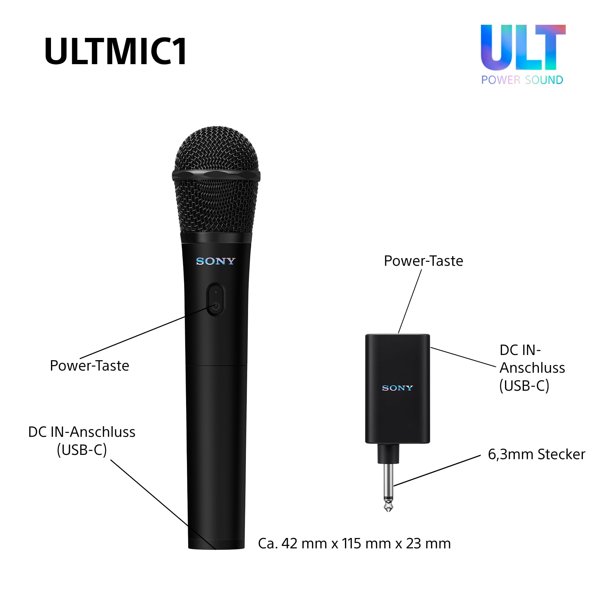 Sony ULTMIC1 - Kabelloses Mikrofonset mit 2 Mikrofonen und Empfänger, erweiterte Rauschunterdrückung, Duettunterstützung, 20-Stunden-Akku, stoßfest, perfekt für die ULT Power Sound Serie - Schwarz