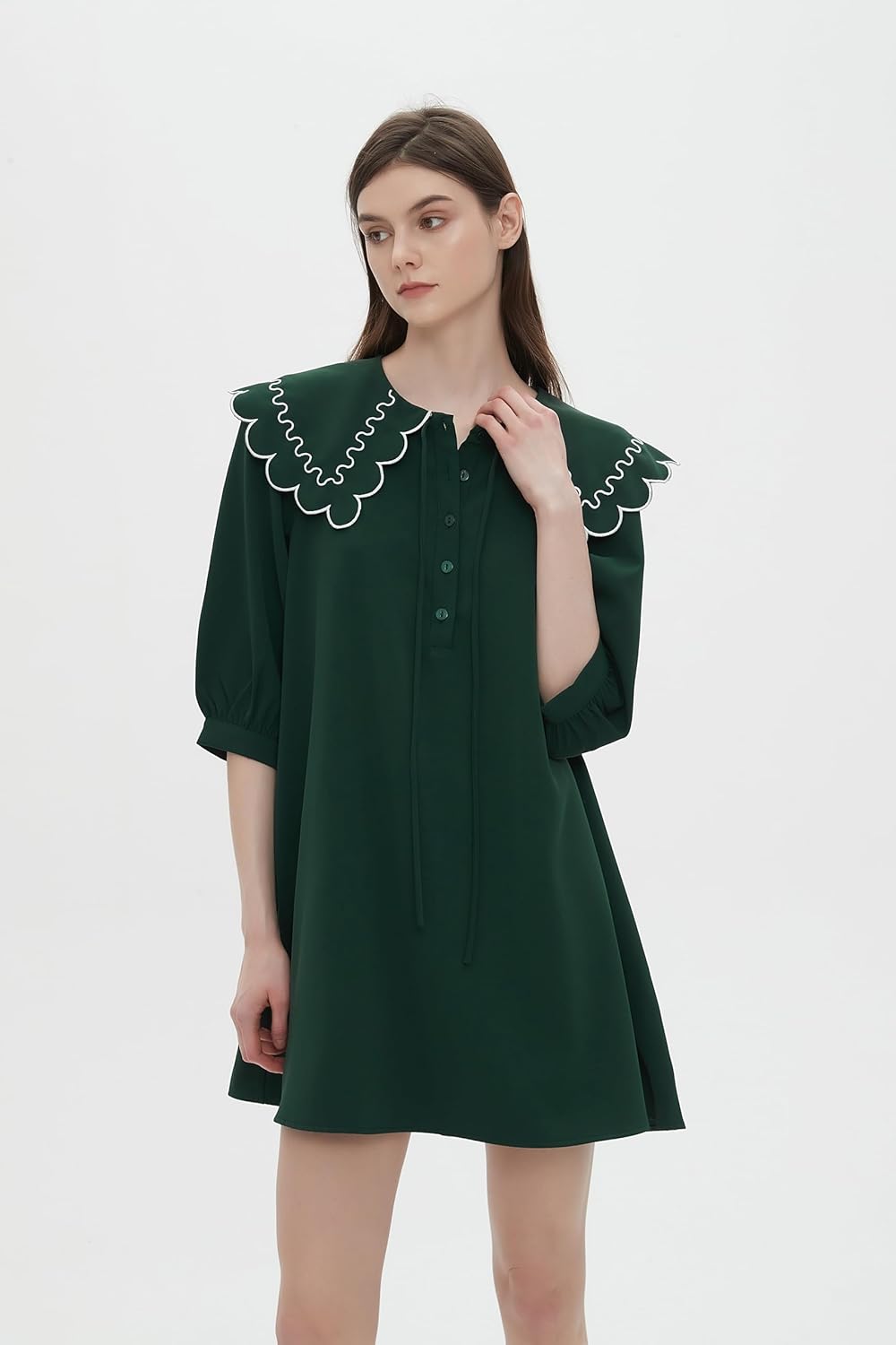 D-Sun Women's Babydoll Dress 3/4 Sleeves Peter Pan Collar Casual Loose A Line Flowy Fall Mini Dress - Image 2