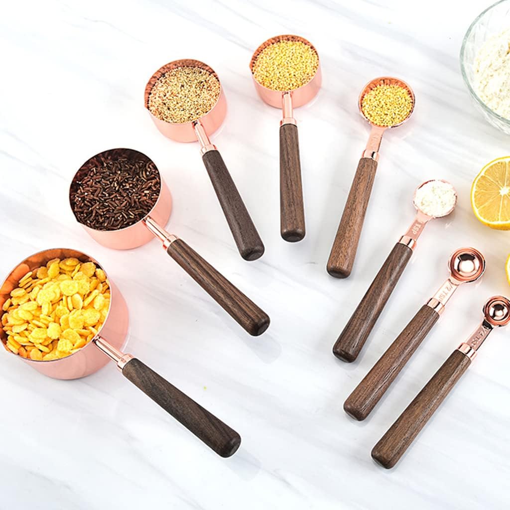 4 Pcs Stainless Steel Measuring Cups Spoons Set, Stackable Kitchen Gadget for Dry Liquid Ingredients, Wood Handle