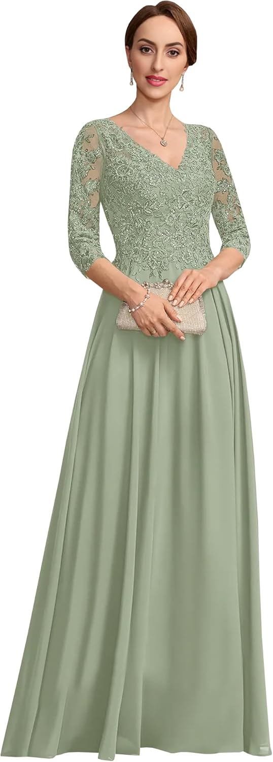 A line V Neck Floor Length Lace Chiffon Mother of The Bride Dress with Sequins Long Mother of The Groom Dresses