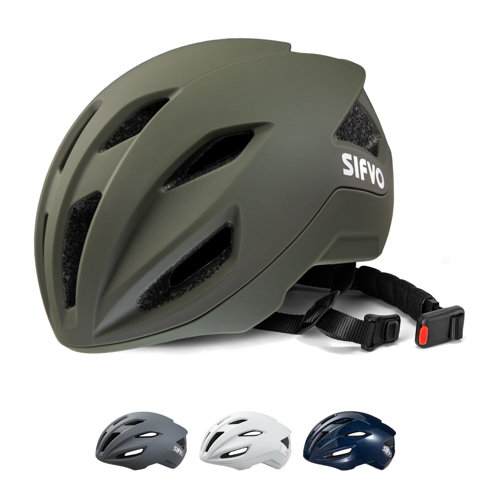 Bike Helmet, SIFVO Cycle Helmet Adjustable 55-58cm with Magnetic Buckle, Lightweight Road Bike Helmets, Commuting Bicycle Scooter Adults Cycling Helmets (Matte Army Green, 55-58cm(21.65-22.83inch)) — image 1