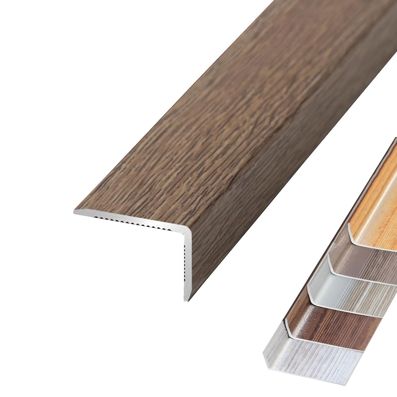 Aluminum Floor Transition Strip - Heavy Duty L-Shaped Stair Nosing Edge Trim, Non-Slip Step Edge Protector, Corner Guard Moldings for Tile, Wood, Laminate Floors(Maca Brown,L900xW30xH20mm)