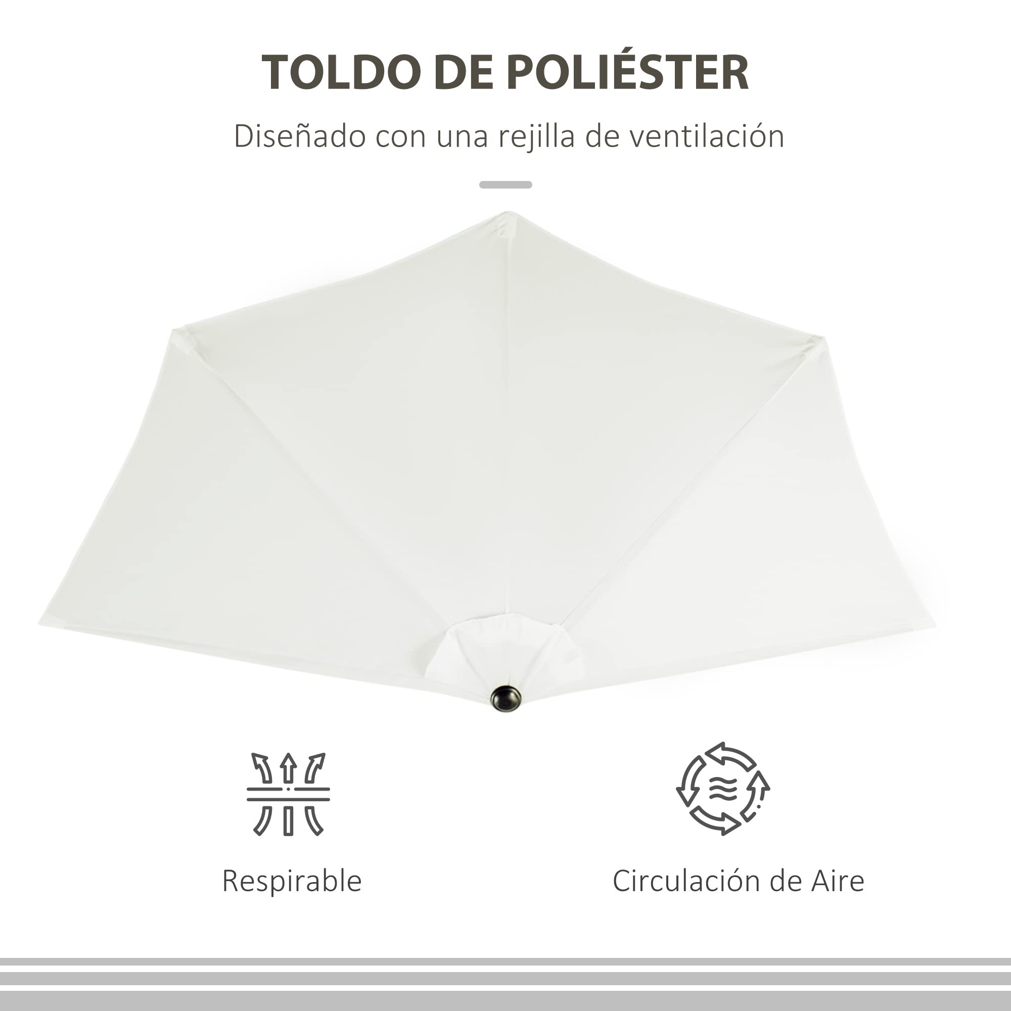Outsunny Sombrilla 269x138x236 cm Parasol de Jardín con Manivela y Forma Semicircular Tela Poliéster 180 g/m² para Exterior Terraza Patio Piscina Crema