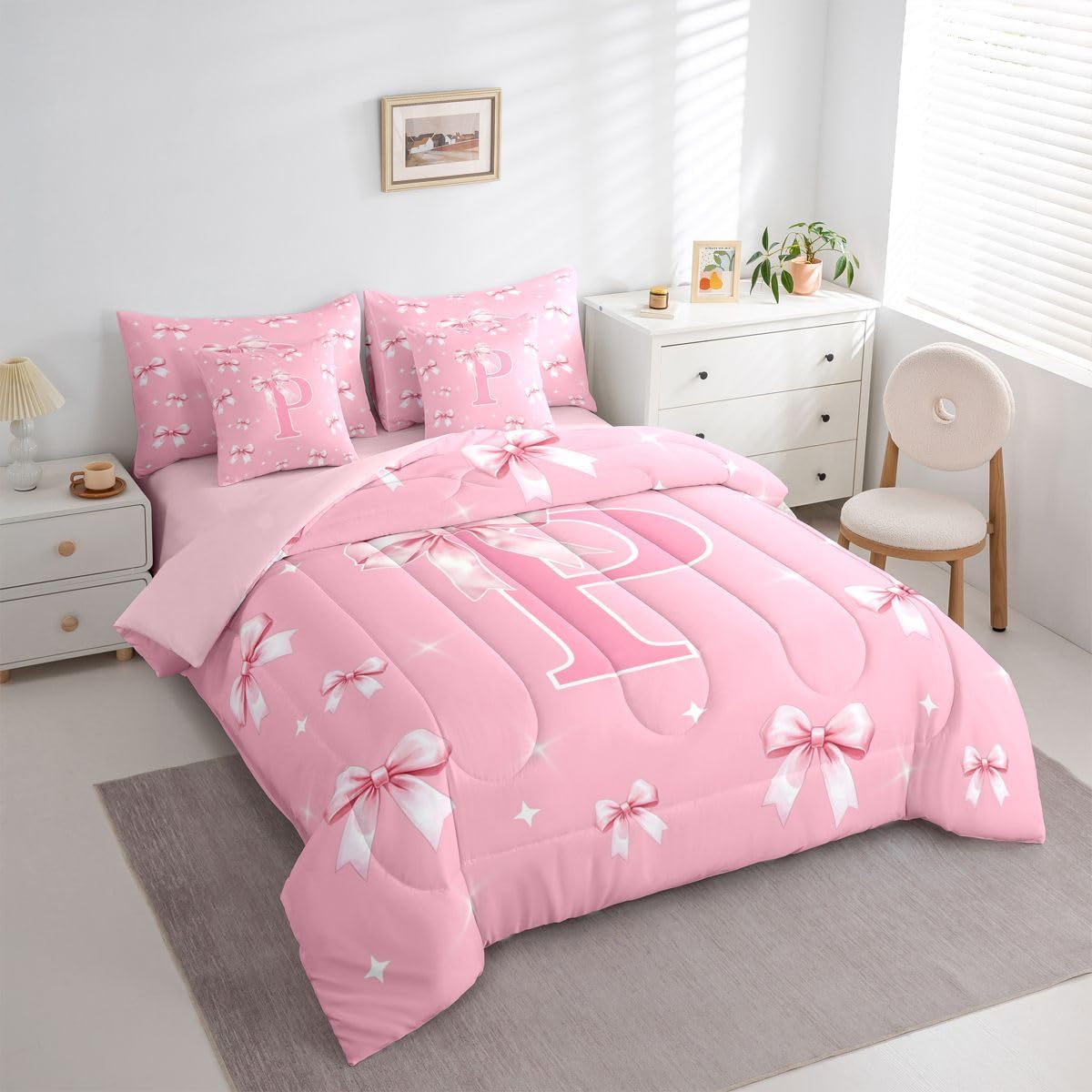 Erosebridal Bow Romantic Princess Twin Comforter Set with Sheets 7 Piece Pink Initial Letter P Bed in A Bag Modern Starry Aesthetic Bedding Sets for Women Lady Cute Cartoon Bowknot Bed Set - Image 4