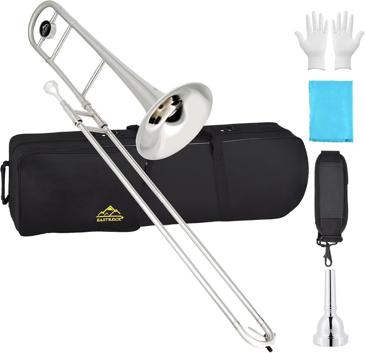 EASTROCK Bb Tenor Slide Trombone Brass Musical Instrument with Hard Case,Mouthpiece,Gloves,Cleaning Cloth for Professional Player Beginners, Large Bell(9.25"/235 mm),Nickel Plated