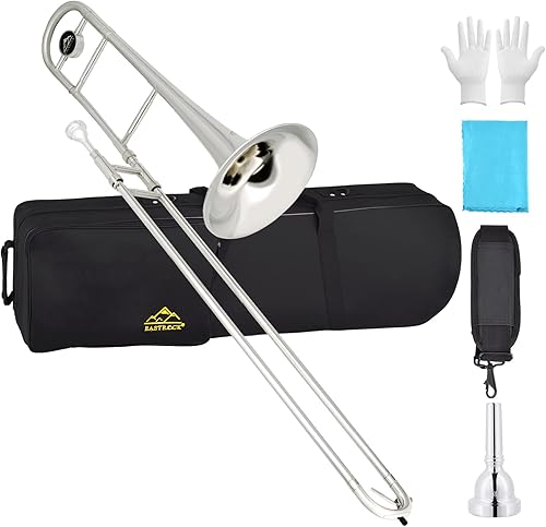 Miniatura 23 de EASTROCK Bb Tenor Slide Trombón B, instrumento de trombón chapado en latón plano para estudiantes principiantes con estuche rígido, con boquilla