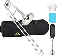 EASTROCK Bb Tenor Slide Trombone Instrumento musical de latão com estojo rígido, bocal, luvas, pano de limpeza para iniciantes profissionais, sino grande (235 mm), banhado a níquel