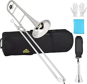 EASTROCK Bb Tenor Slide Trombone Instrumento musical de latão com estojo rígido, bocal, luvas, pano de limpeza para iniciantes profissionais, sino grande (235 mm), banhado a níquel