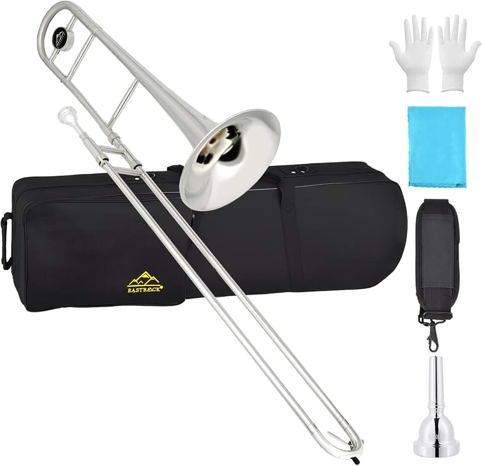 EASTROCK Bb Tenor Slide Trombone Instrumento musical de latão com estojo rígido, bocal, luvas, pano de limpeza para iniciantes profissionais, sino grande (235 mm), banhado a níquel