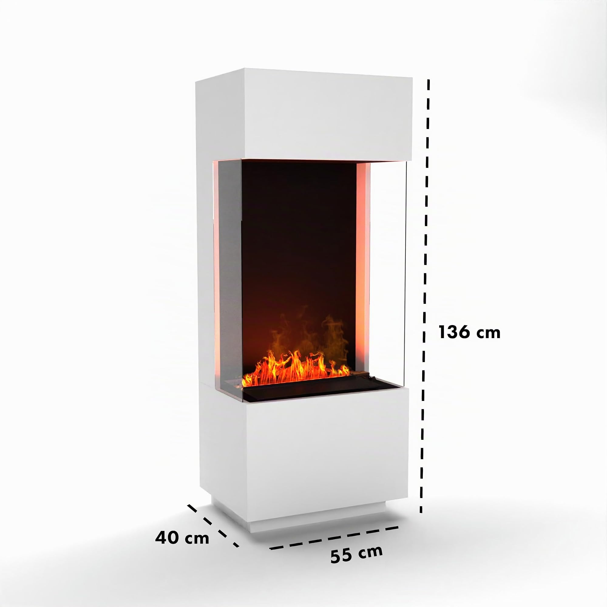 GLOW FIRE Wasserdampf Kamin OGF 1 (Standkamin) - Elektrokamin mit realistischen LED 3D-Flammen, Knistereffekt & Fernbedienung, 55x136x40 cm - Opti-Myst 400 Elektro Kamin, Weiß
