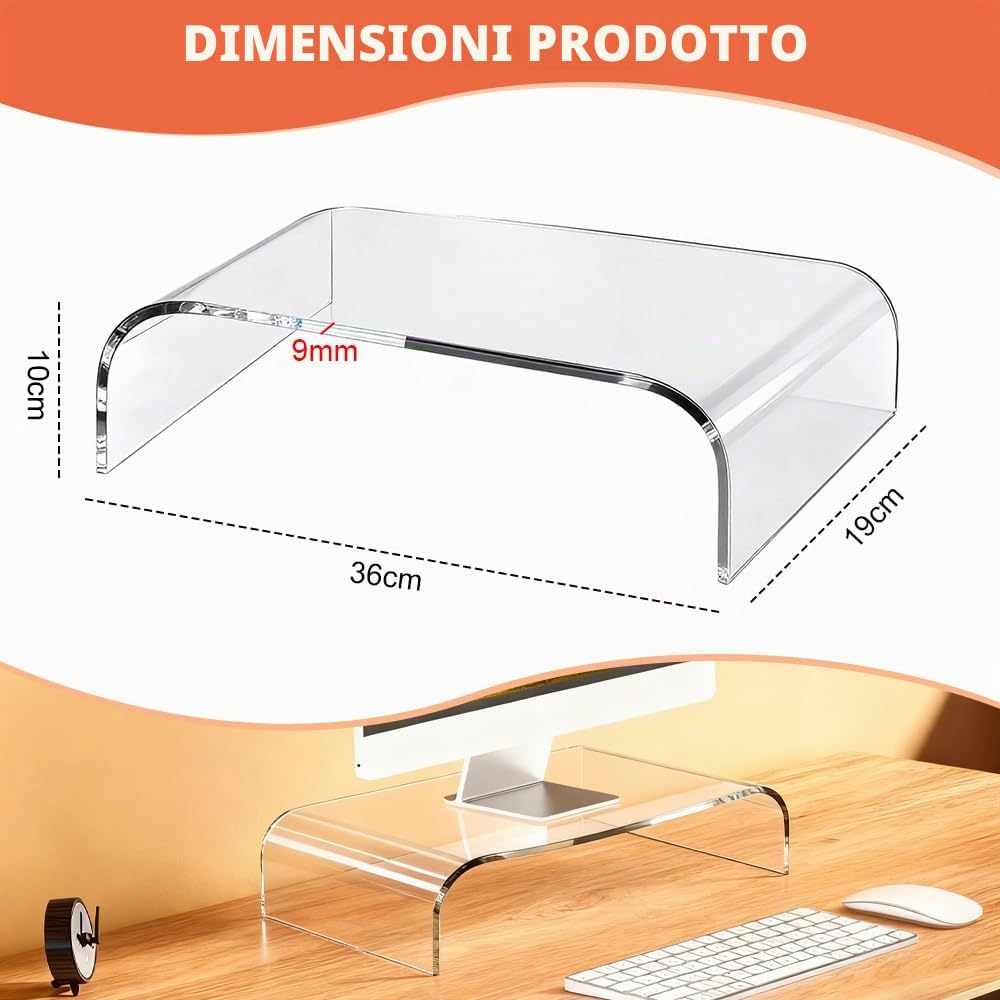 Supporto per Monitor in Acrilico,Rialzo Monitor Trasparente da Scrivania L36xW19xH10cm,Porta Monitor da Scrivania per Laptop, Schermi, Computer, Notebook, PC