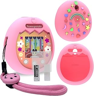Silicone Cover Case Compatible with Tamagotchi Pix Virtual Pet Machine, Protective Skin Sleeve for Tamagotchi Pix Accessories Screen Protector with Hand Strap (Pink)
