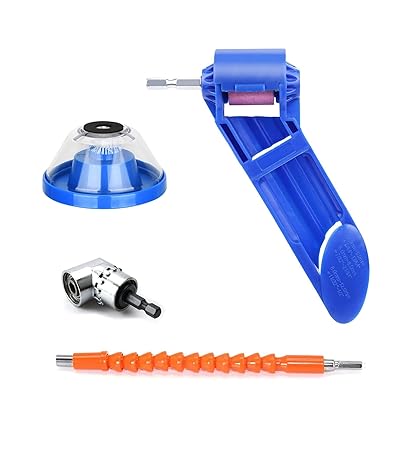 GTC Drill Machine Attachment Combo Tools Kits set Angle Drive, Drill bit Extension, Drill bit Sharpner and Drill Dust Collector (T 598, DRIL001, DDC-3006/3018) (Blue)